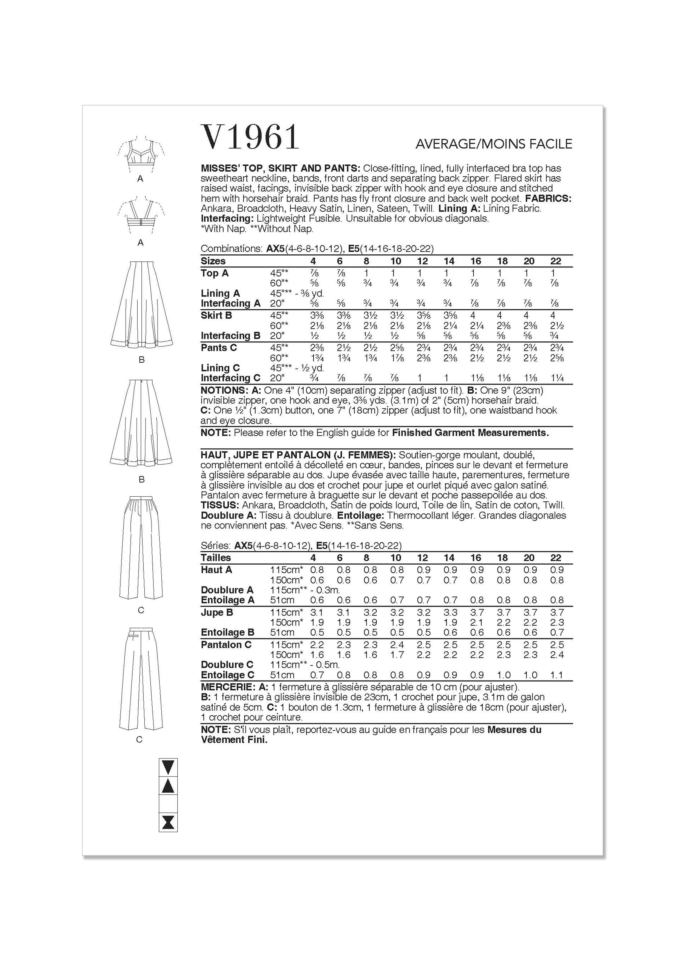Vogue Pattern V1961 Misses' Top, Skirt and Pants