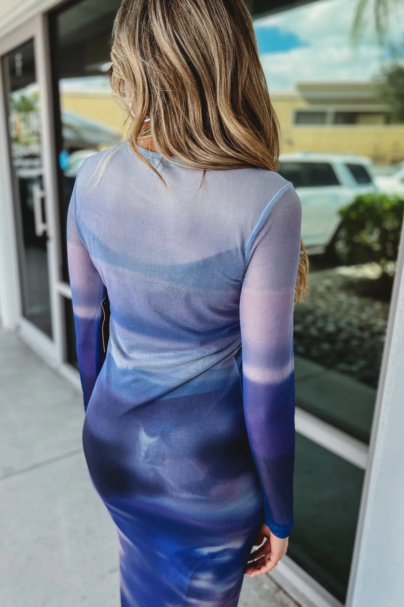 What a Stunner Long Sleeve Mesh Blue Ombre Dress
