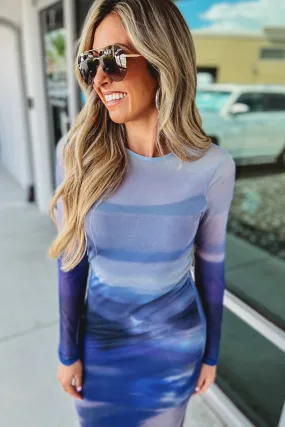 What a Stunner Long Sleeve Mesh Blue Ombre Dress
