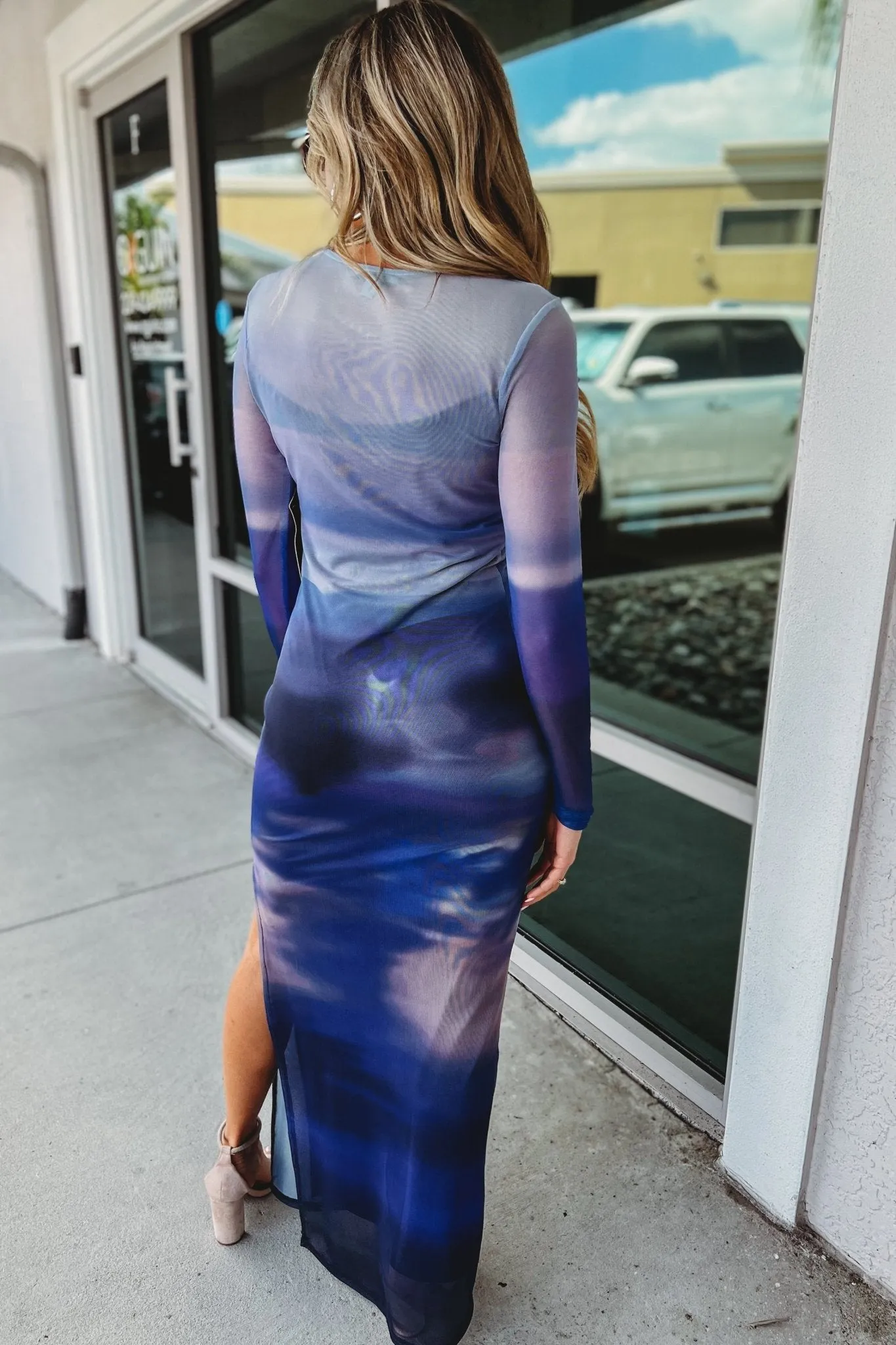 What a Stunner Long Sleeve Mesh Blue Ombre Dress