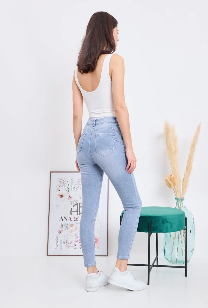 Wholesale Light Blue Push Up Jeans With Fade And Fraye Effect