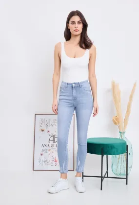 Wholesale Light Blue Push Up Jeans With Fade And Fraye Effect