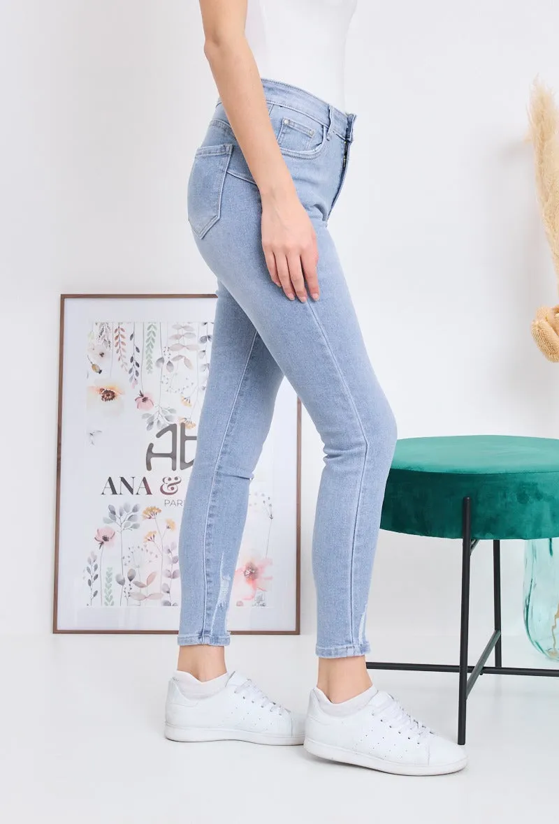 Wholesale Light Blue Push Up Jeans With Fade And Fraye Effect