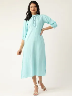 Women Blue Solid Solid Mandarin Collar Viscose Rayon A-Line Dress