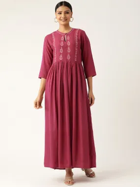 Women Pink Solid Solid Keyhole Neck Viscose Rayon Fit And Flare Dress