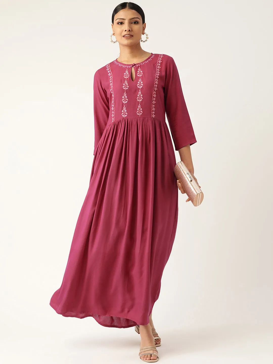Women Pink Solid Solid Keyhole Neck Viscose Rayon Fit And Flare Dress