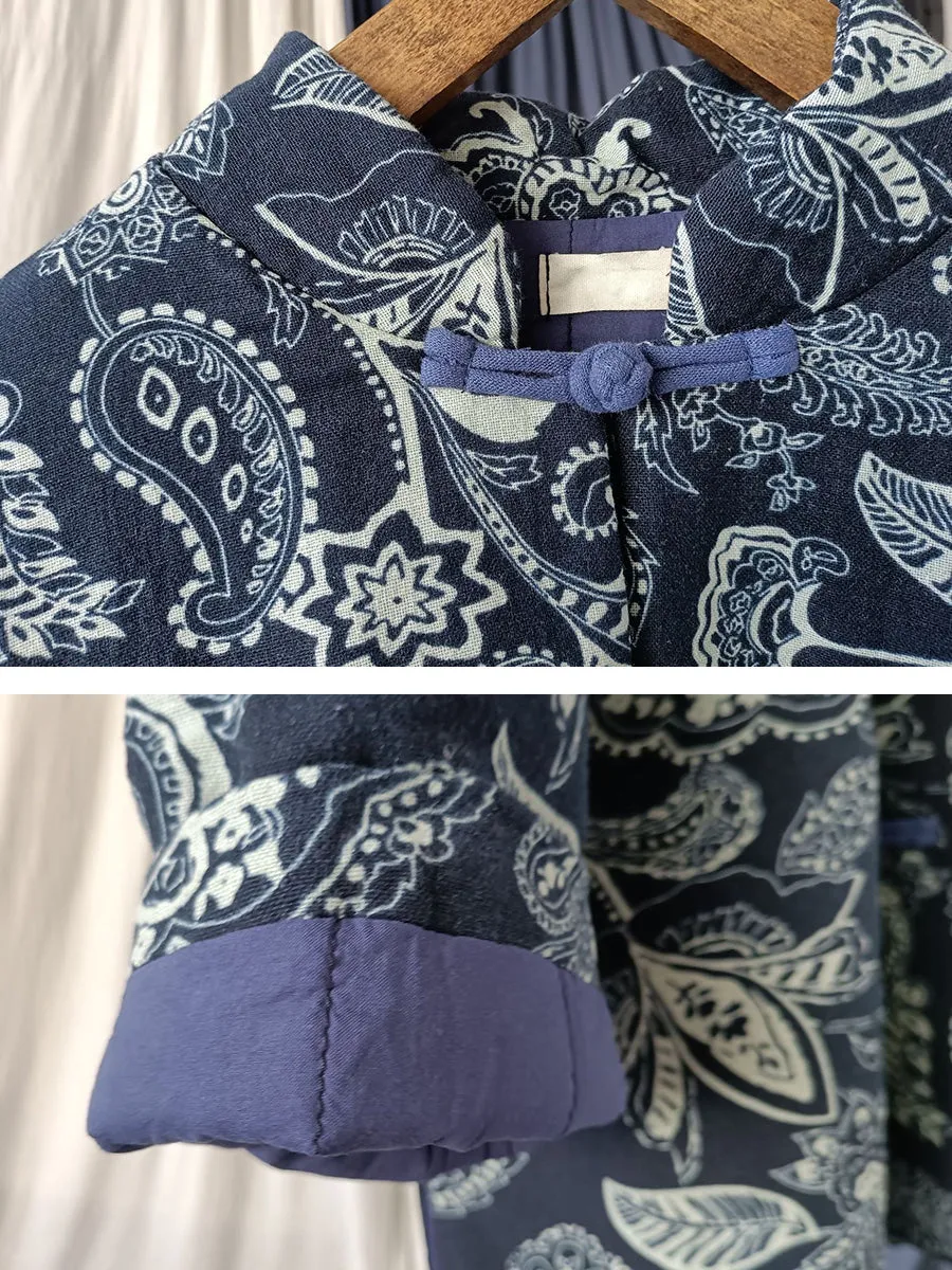 Women Vintage Flower Print Winter Padded Coat