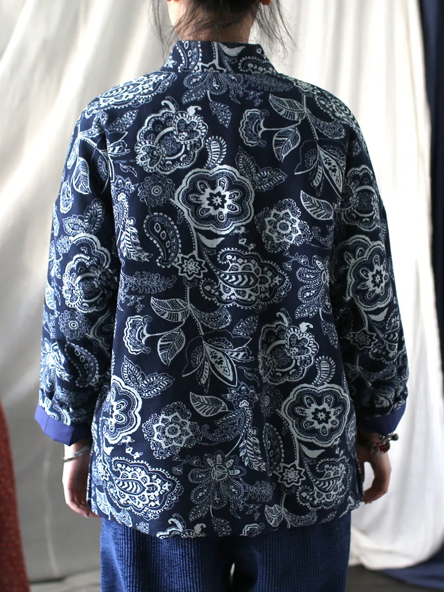 Women Vintage Flower Print Winter Padded Coat