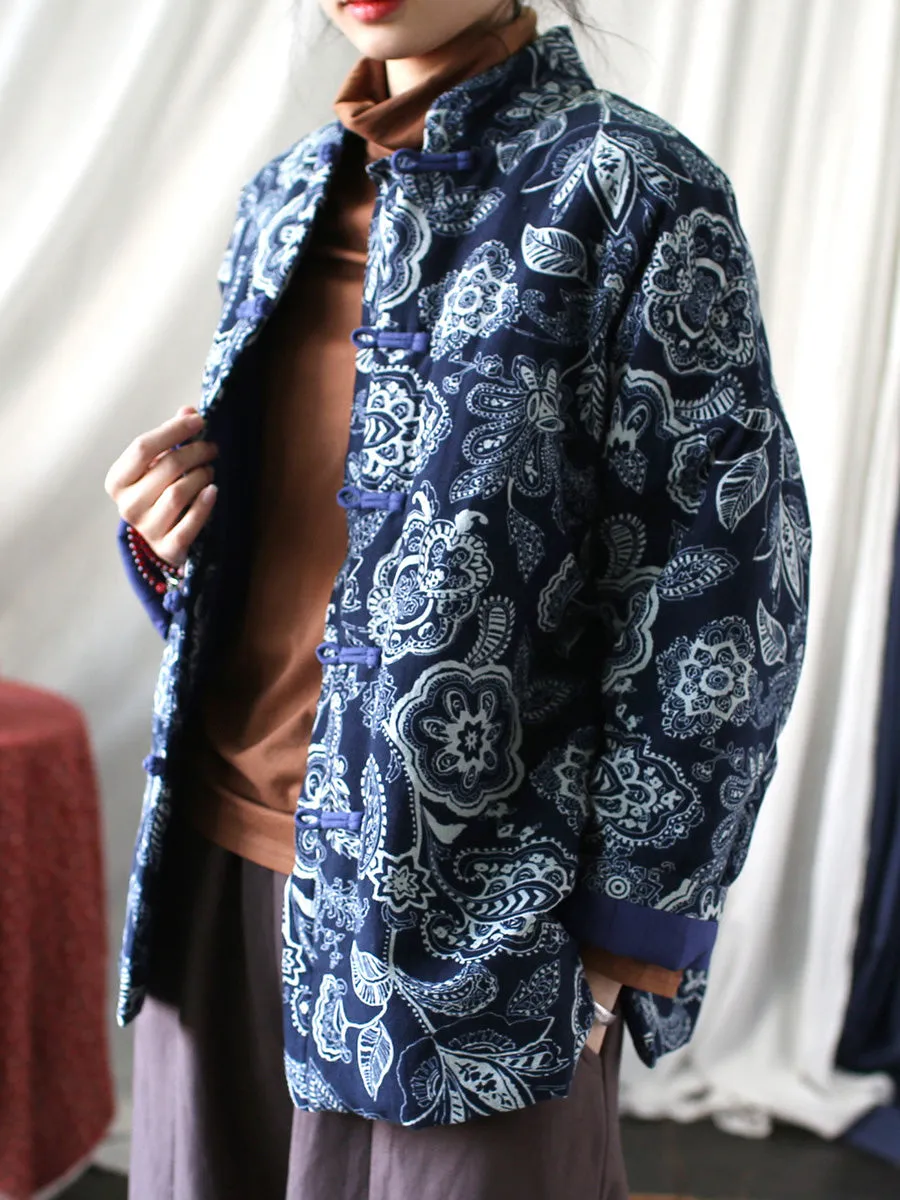 Women Vintage Flower Print Winter Padded Coat