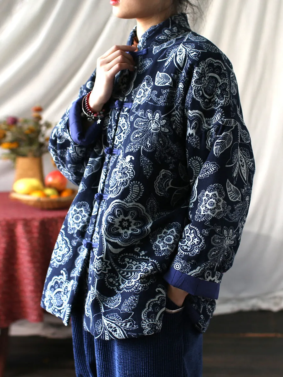 Women Vintage Flower Print Winter Padded Coat
