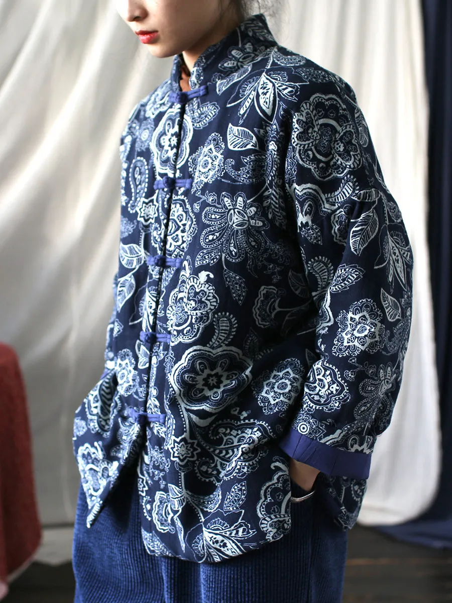 Women Vintage Flower Print Winter Padded Coat