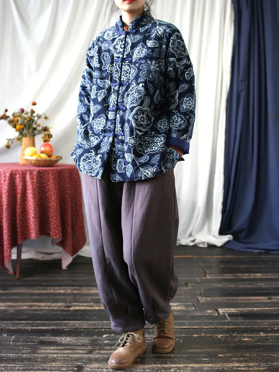 Women Vintage Flower Print Winter Padded Coat