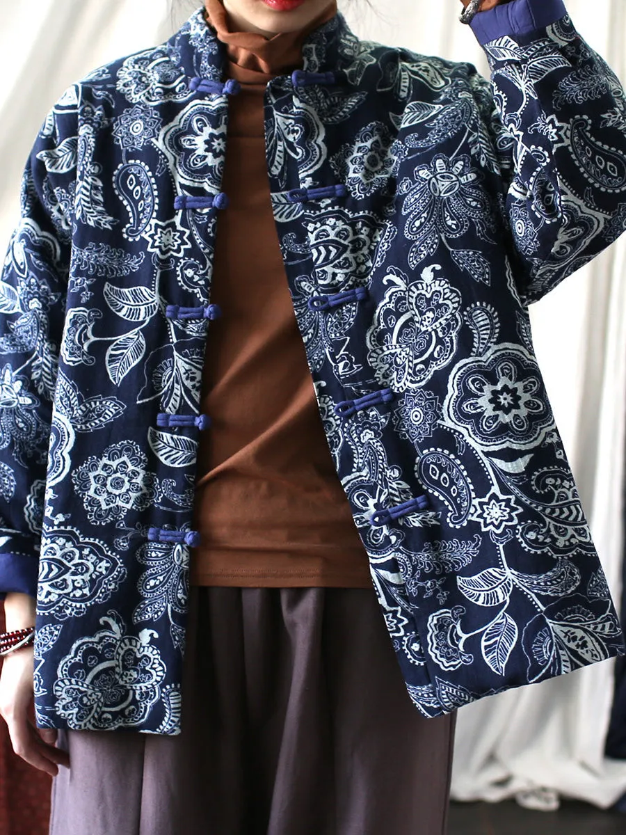 Women Vintage Flower Print Winter Padded Coat