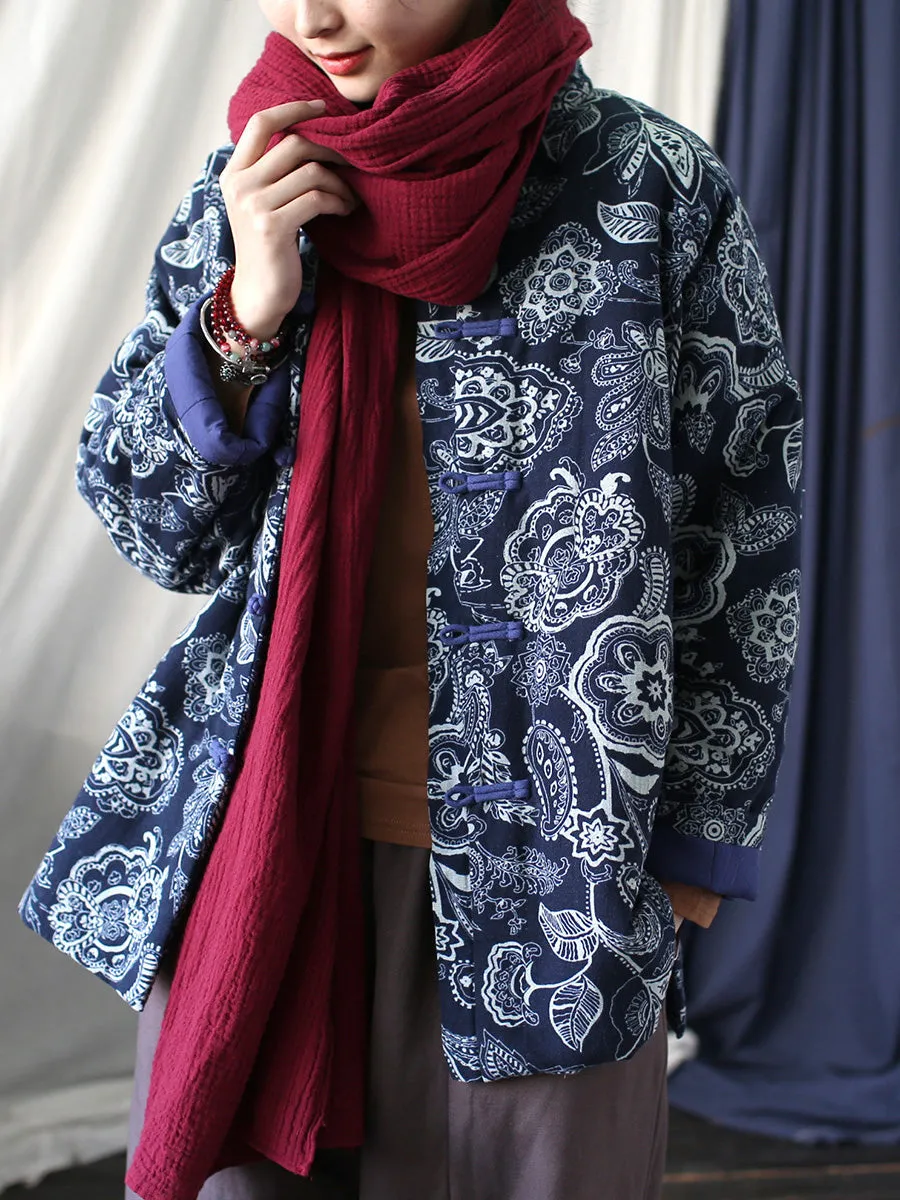 Women Vintage Flower Print Winter Padded Coat