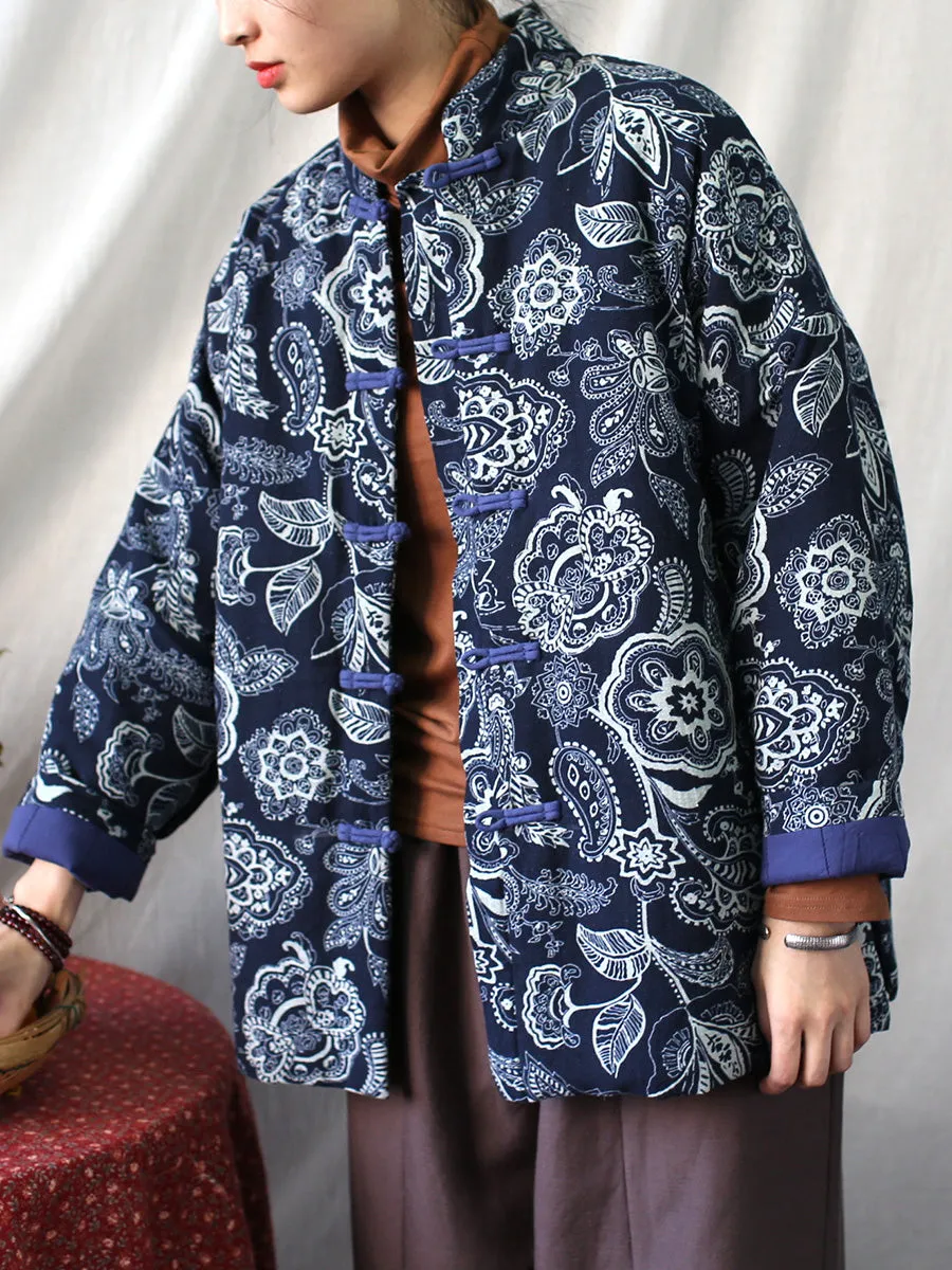 Women Vintage Flower Print Winter Padded Coat