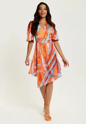 Women's Midi Wrap Dress in Orange with V Neck, Kimono Sleeves, and Abstract Print - Stylish Design by Liquorish