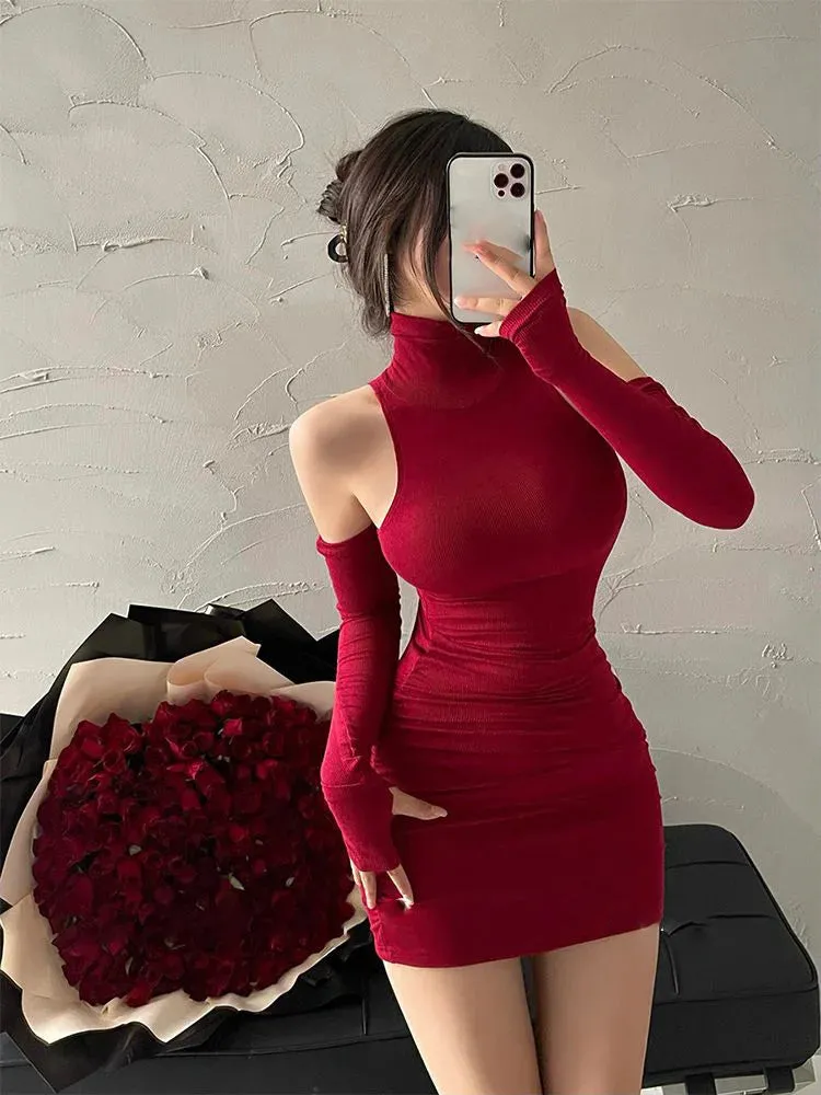 Women's Pleated Bodycon Mini Dress - High Neck